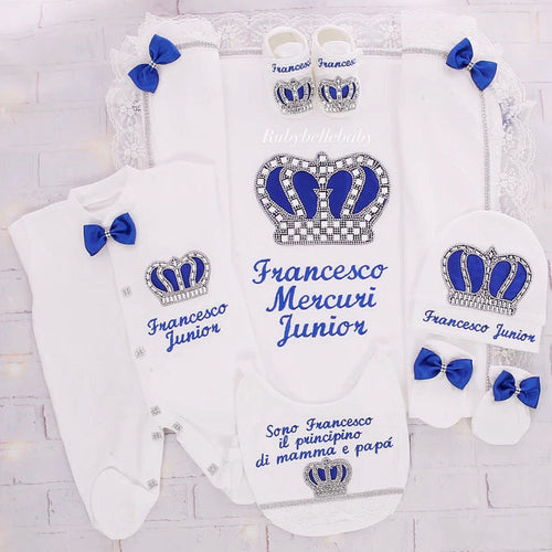 6pcs HRH Crown Royal Blanket Baby Boy Outfit - Blue/Silver or Gold