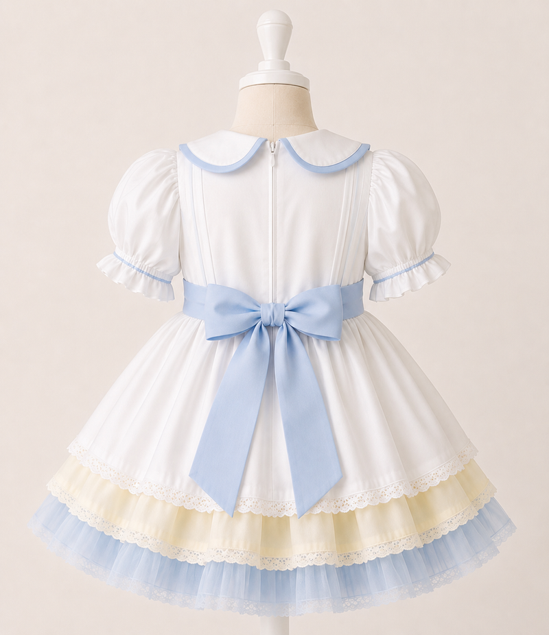 Baby Girl Dress Set | White Puff Sleeve Toddler Birthday Dress | Boutique Party Dress with Matching Hair Bows