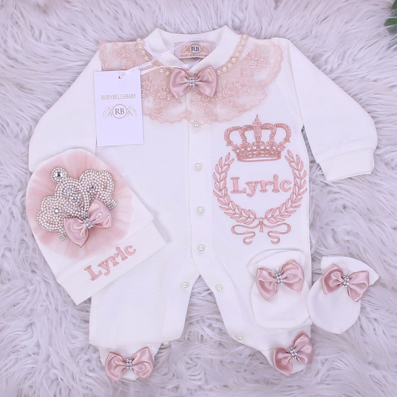 3pcs Jewel Crown Baby Girl Outfit -  Blush