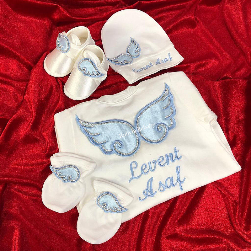 4pcs Curly Angel Wings Embroidery Baby Clothing Set - More Colors