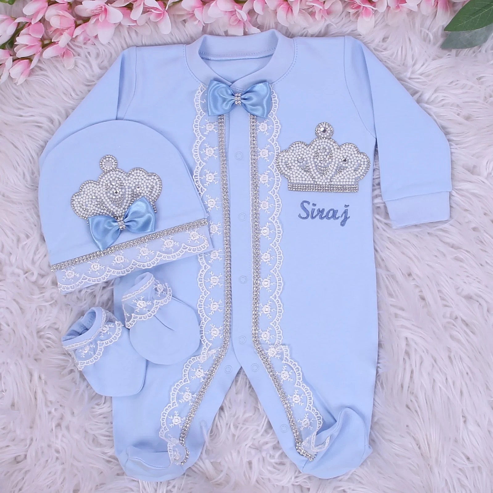 3pcs Jewel Crown Baby Boy Set Blue – RUBYBELLEBABY - Main Image