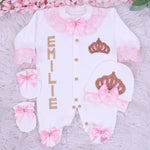 3pcs Princess Crown Baby Bling Girl Outfit - Pink/Gold