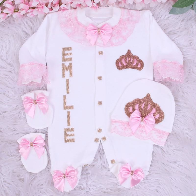 3pcs Princess Crown Baby Bling Girl Outfit - Pink/Gold