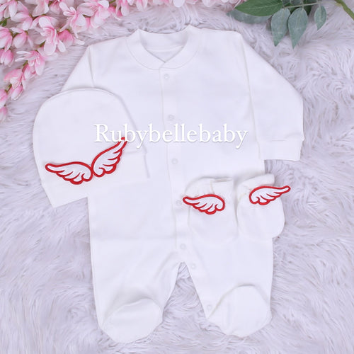 3pcs Embroidery Wings Baby Outfit Set - All colors