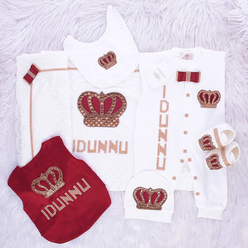 7pcs Crown Baby Boy Tux Set - Burgundy/Gold