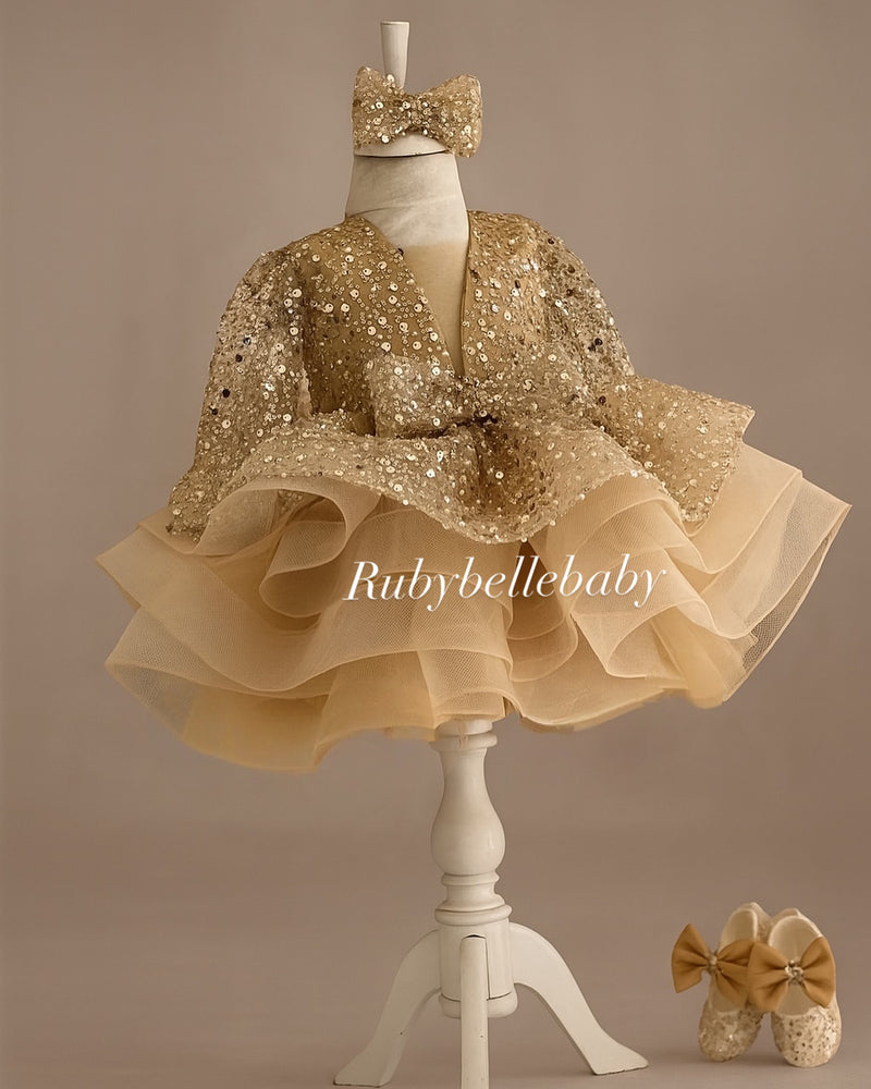 Golden Belle Sequin Girls Party Dress Set - Gold RUBYBELLEBABY Golden Belle Sequin Girls Party Dress Set - Gold RUBYBELLEBABY