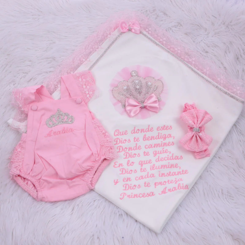 3pcs Princess Crown Ava Romper and Jewel Blanket Set - Pink/White