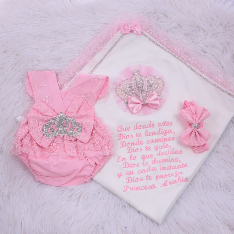 3pcs Princess Crown Ava Romper and Jewel Blanket Set - Pink/White