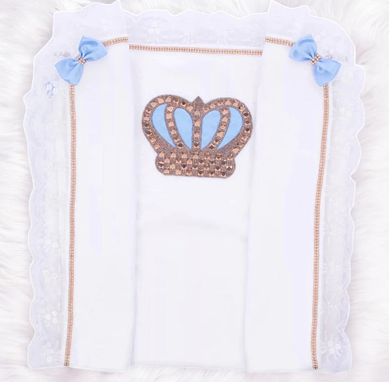 Bling Baby Boy HRH Crown Receiving Blanket - White/Blue