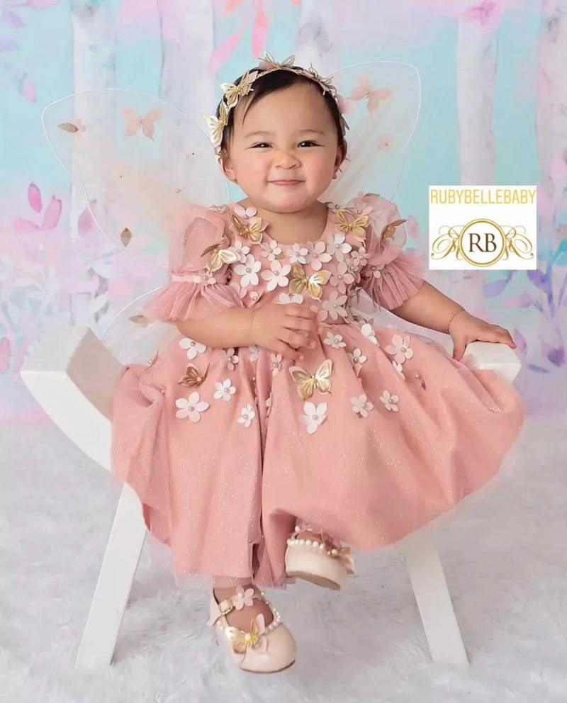 Blush Garden Fairy Baby Girl Dress Set Butterfly & Flower Appliqu w RUBYBELLEBABY Blush Garden Fairy Baby Girl Dress Set Butterfly & Flower Appliqu w RUBYBELLEBABY
