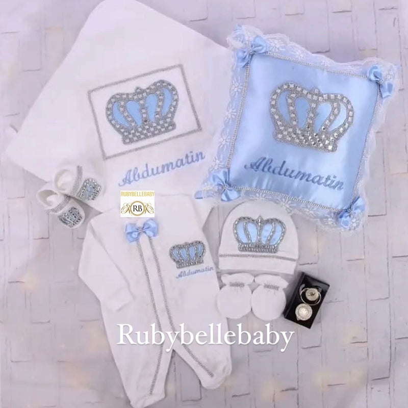 8pcs HRH Crown Pillow and Pacifier Set - Blue