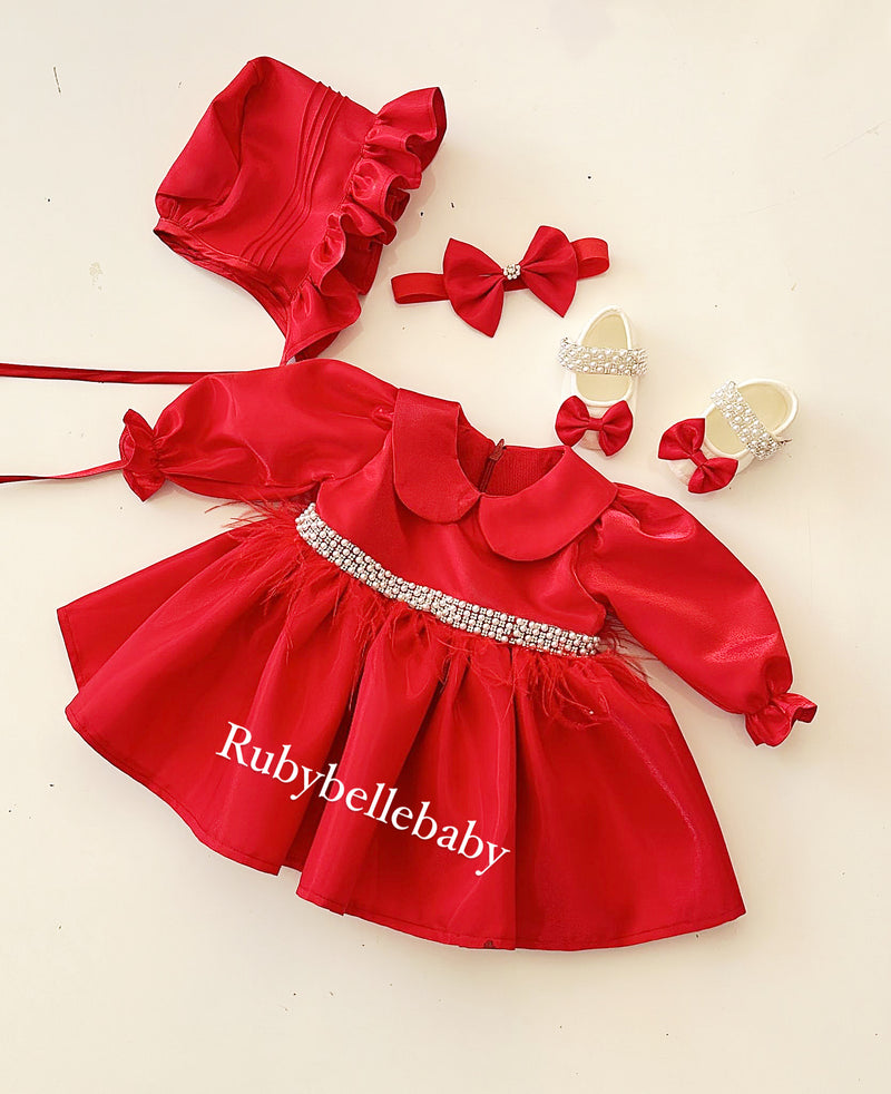 Maya Beaded Waist Baby Girl Dress - Red