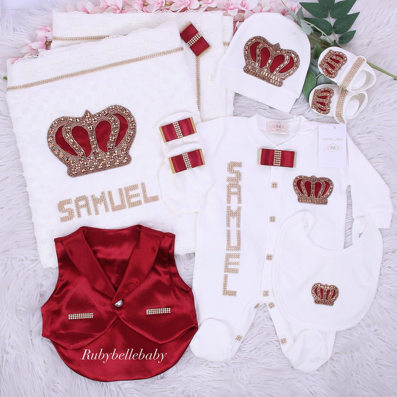 7pcs Crown Baby Boy Tux Set - Burgundy/Gold