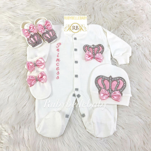 4pcs HRH Crown Baby Girl Clothing Set - Pink/Silver