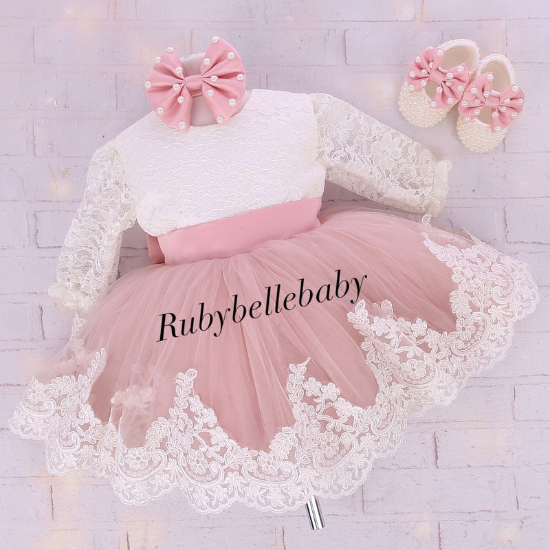 White Lace & Blush Pink Baby Girl Dress with Pearl Bow and Matching Sh RUBYBELLEBABY White Lace & Blush Pink Baby Girl Dress with Pearl Bow and Matching Sh RUBYBELLEBABY