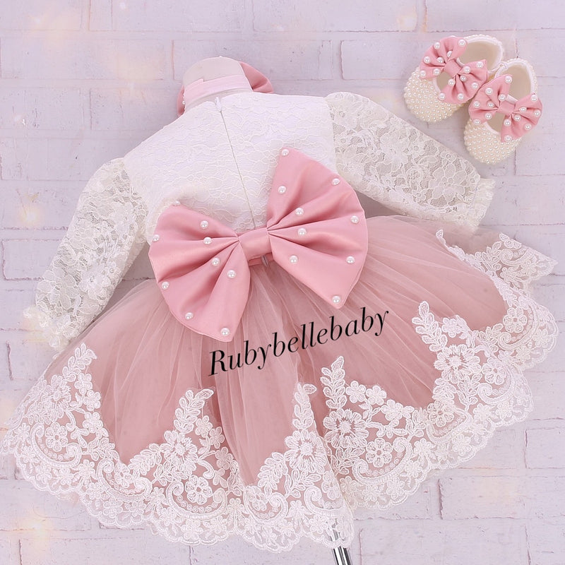 White Lace & Blush Pink Baby Girl Dress with Pearl Bow and Matching Sh –  RUBYBELLEBABY