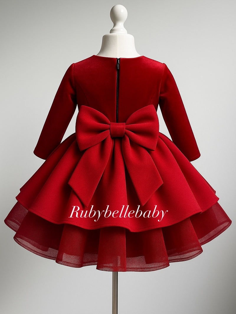 Scarlet Velvet Bow Princess Dress  Holiday & Birthday Party Outfit fo   RUBYBELLEBABY