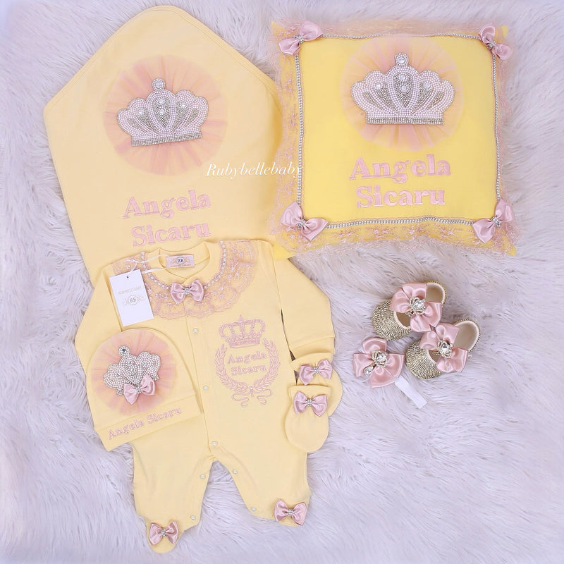 7pcs Jewel Crown Bling Baby Girl Outfit - Yellow/Blush