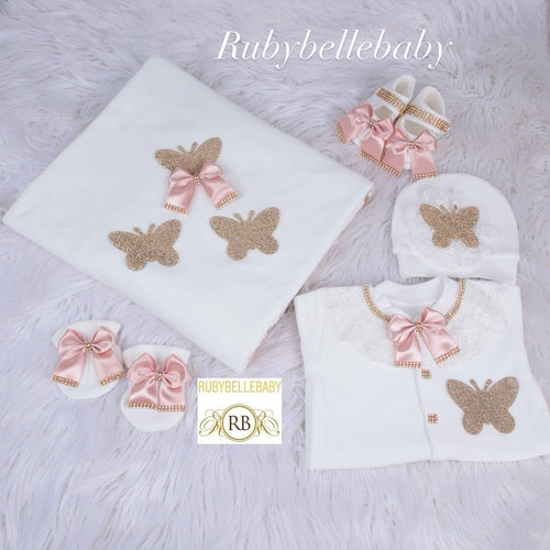 5pcs Bling Butterfly Baby Girl Velvet Set - White/Blush