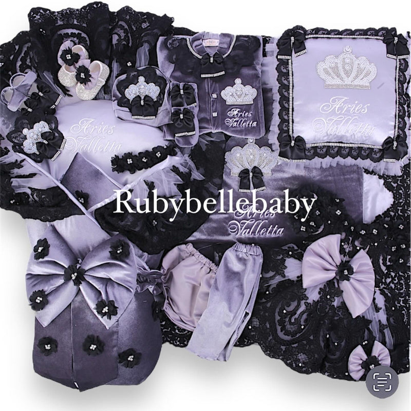 14pcs Luxury Swaddle Embellished Dainty Daisy Dress Romper Set - Grey/Black