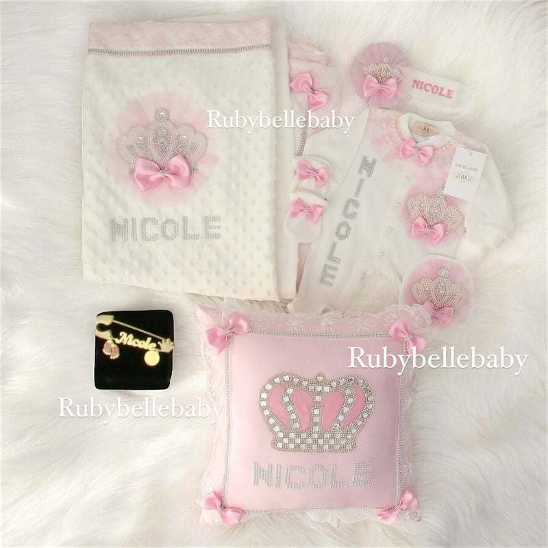 7pcs Jewel Crown HRH Pillow Pin Set - White/Pink