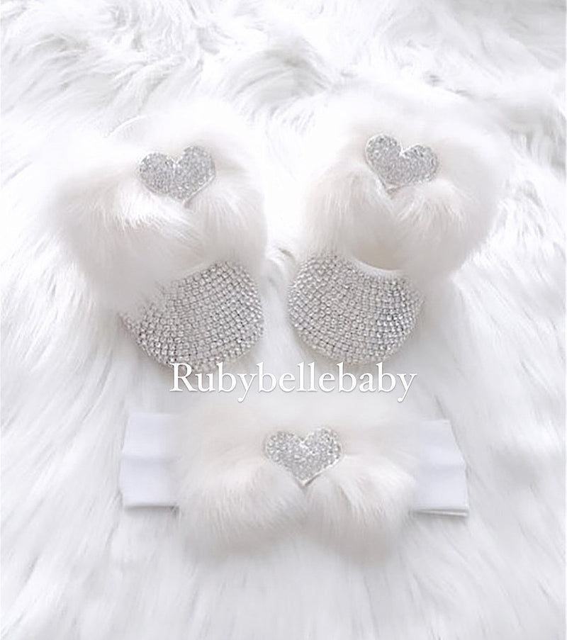 Bling Baby Girl Heart Shoe Set - White Fur