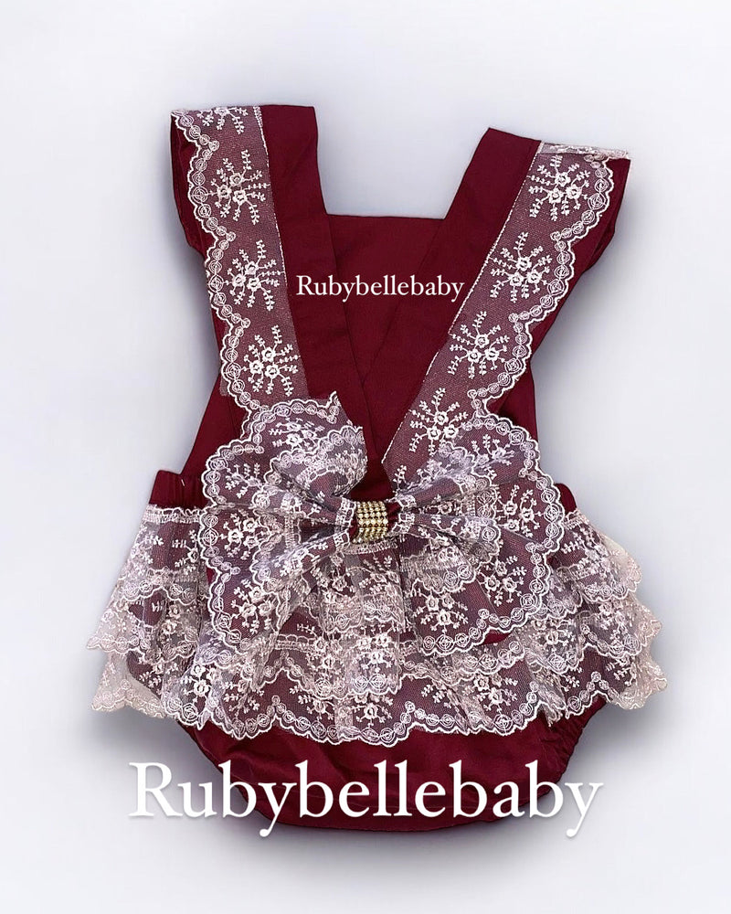 Ava Boho Baby Lace Romper Set - Burgundy 9-12M Ava Boho Baby Lace Romper Set - Burgundy 9-12M