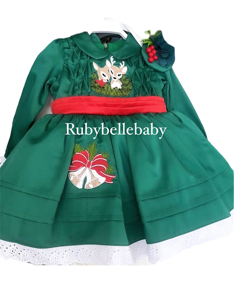 green reindeer dress Reindeer Cheer Smocked Green Toile Bishop Dress Classic Whimsy