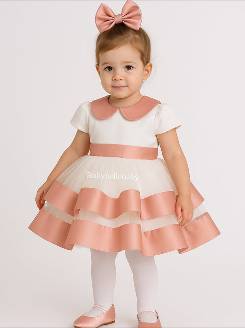 Adrianna Satin Collar Accents Dress – White & Blush Pink