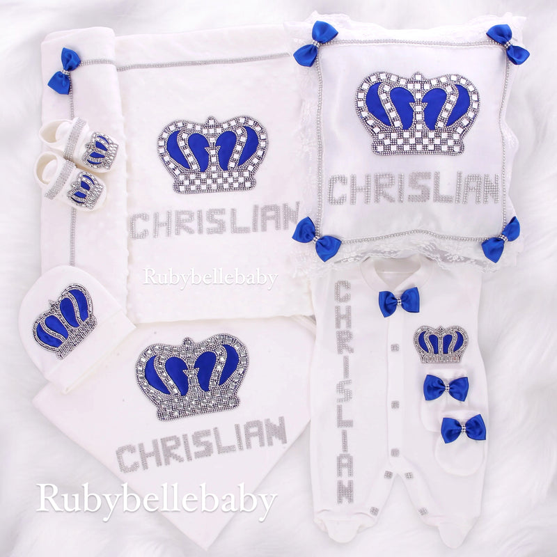 7pcs HRH Crown Bling Baby Boy Set - Royal Blue/Silver