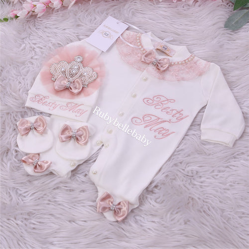3pcs Jewel Crown Baby Girl Embroidery Set -  Blush