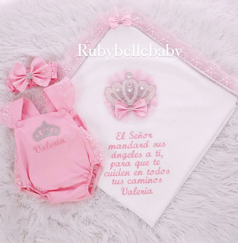 3pcs Princess Crown Ava Romper and Jewel Blanket Set - Pink/White