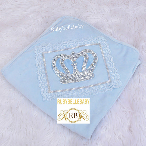 HRH Crown Bling Baby Velvet Blanket - Blue/Silver