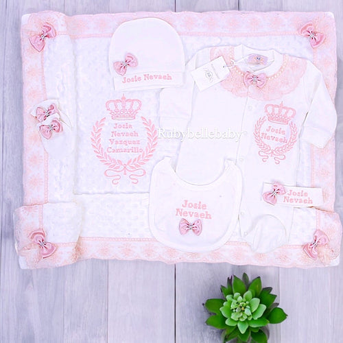 6pcs Embroidery Crown Baby Lace Blanket Set -  Blush