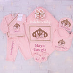 7pcs Bling Baby Outfit Princess Crown Velvet Set - Blush