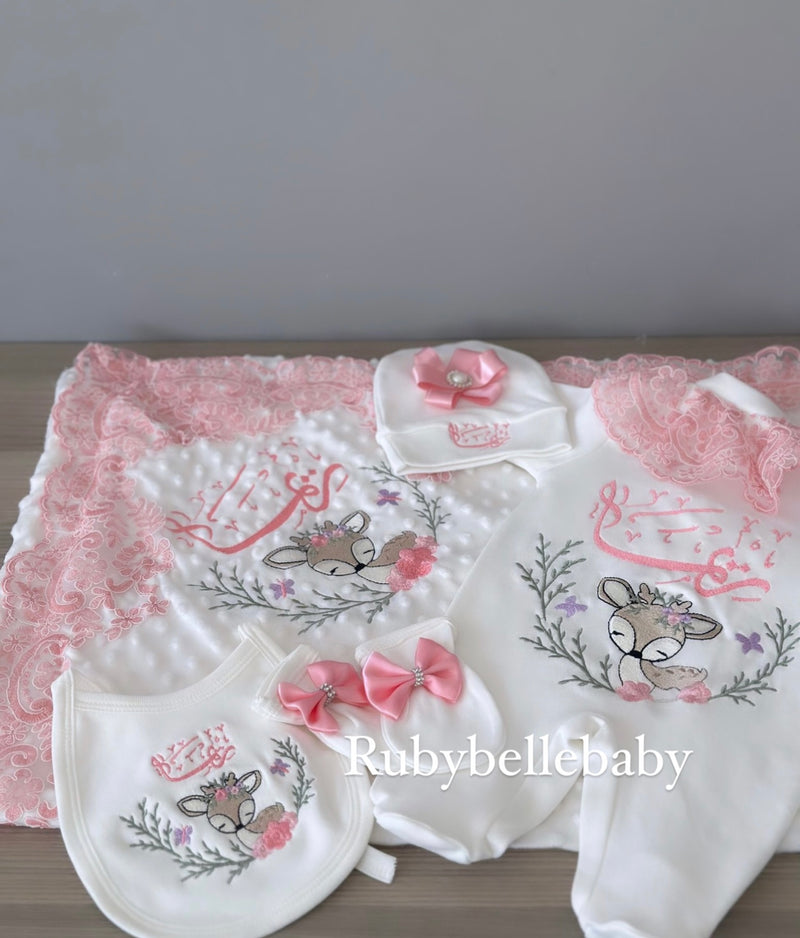 5pcs Embriodery Floral Fawn Lace Blanket Set