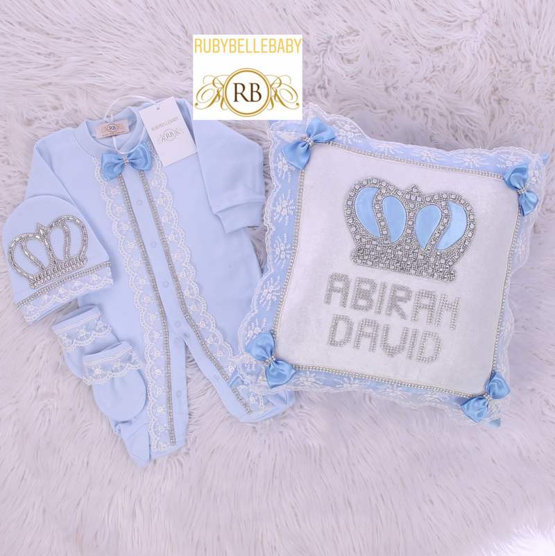 4pcs HRH Crown Pillow Set - Light Blue/Silver