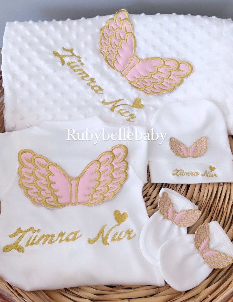 4pcs Angel Wings Embriodery Princess Set - Pink/Gold