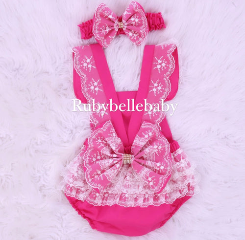 Baby Lace Ava Romper Set - Fuchsia Pink