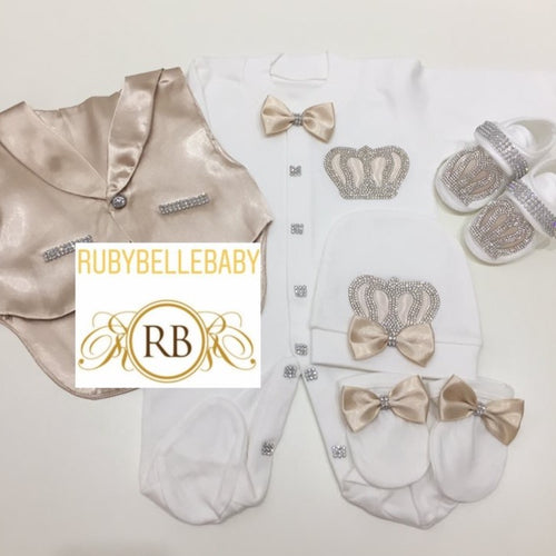 5pcs Baby Prince Tux Set - Beige - RUBYBELLEBABY