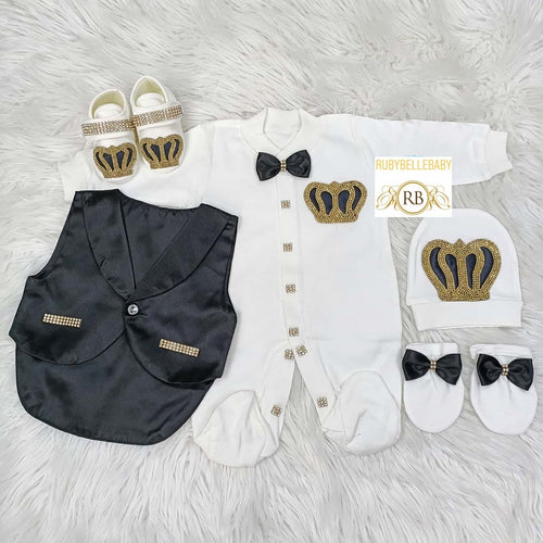 5pcs Baby Prince Tux Set - Black and Silver/ Black and Gold - RUBYBELLEBABY