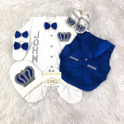 5pcs Baby Prince Tux Set - Royal Blue and Silver - RUBYBELLEBABY