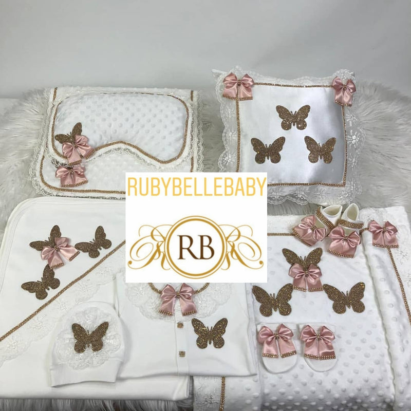 8pcs Butterfly Layette and Pillow Princess Set - Blush - RUBYBELLEBABY