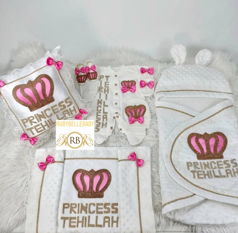 9pcs Layette and Swaddling Blanket Princess Set - Pink/Gold - RUBYBELLEBABY