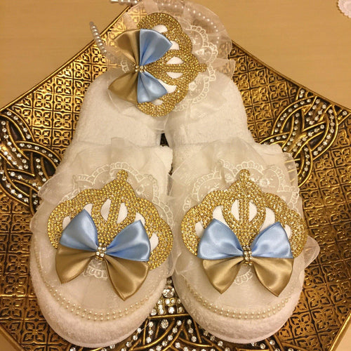 Crown Mom Slipper Set - Light Blue/Gold - RUBYBELLEBABY