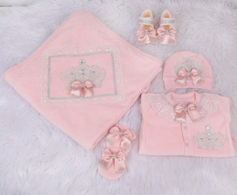 5pcs Jeweled Crown Velvet Set - Blush