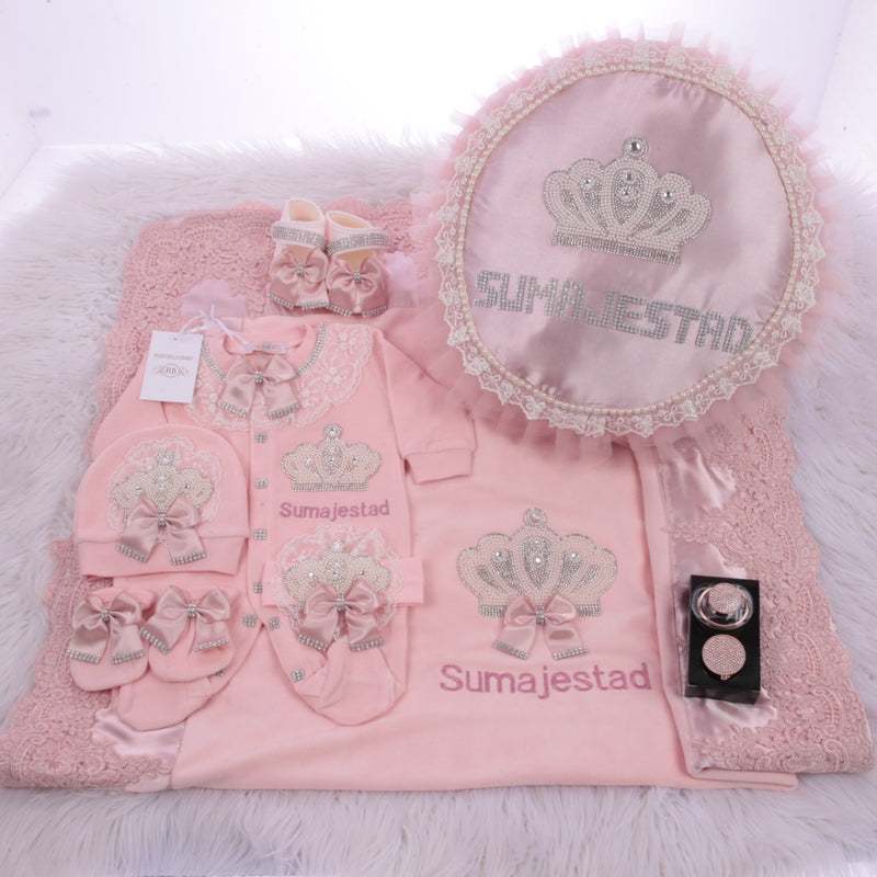 18pcs Jeweled Crown Twin Girls Bling Baby Outfit Set - Blush