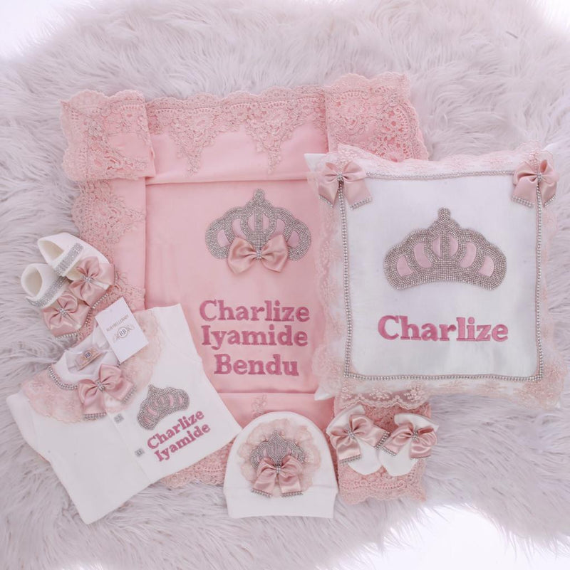 6pcs Princess Crown Velvet Blanket Set - Blush Pink