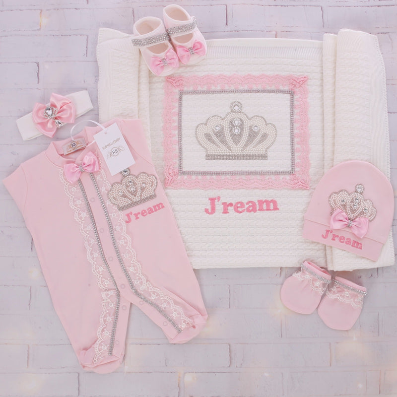 6pcs Jeweled Wool Blanket Set  -  Pink/White