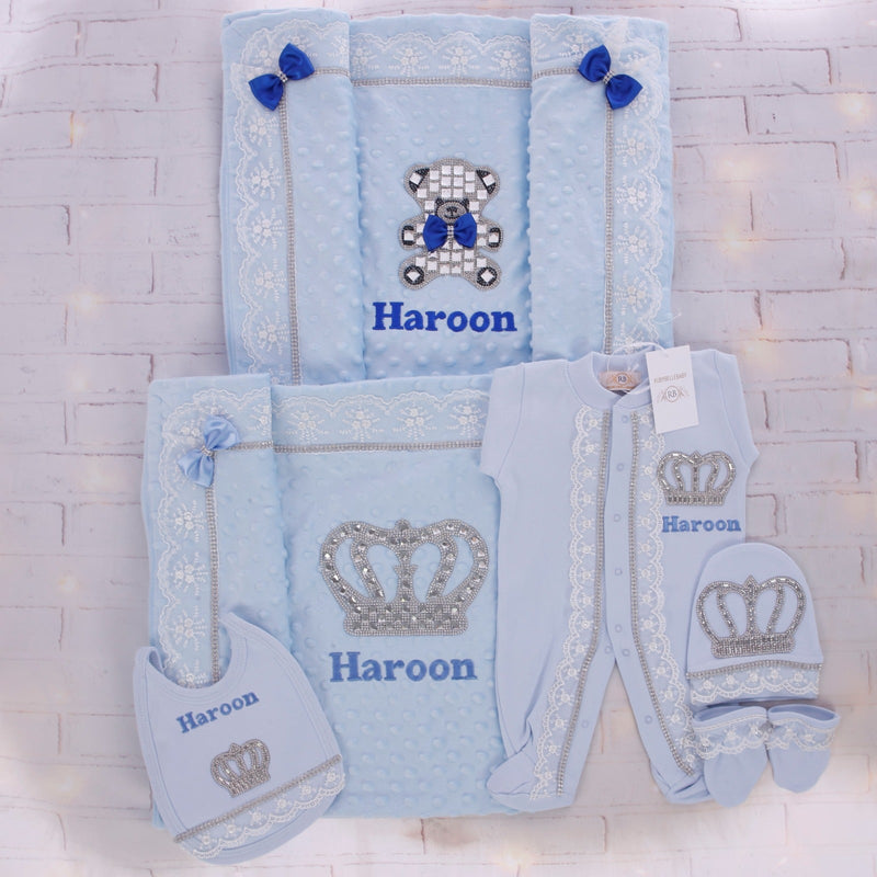 6pcs HRH Crown/Teddy Blanket Set - Light Blue/Silver